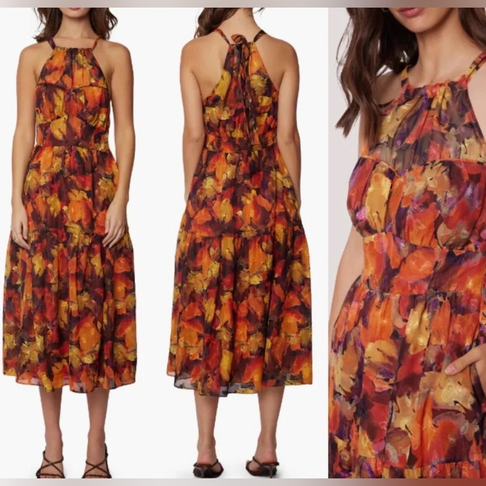NWT Lost + Wander Surreal Metallic Floral Midi Dress Orange w Pockets! - Size M